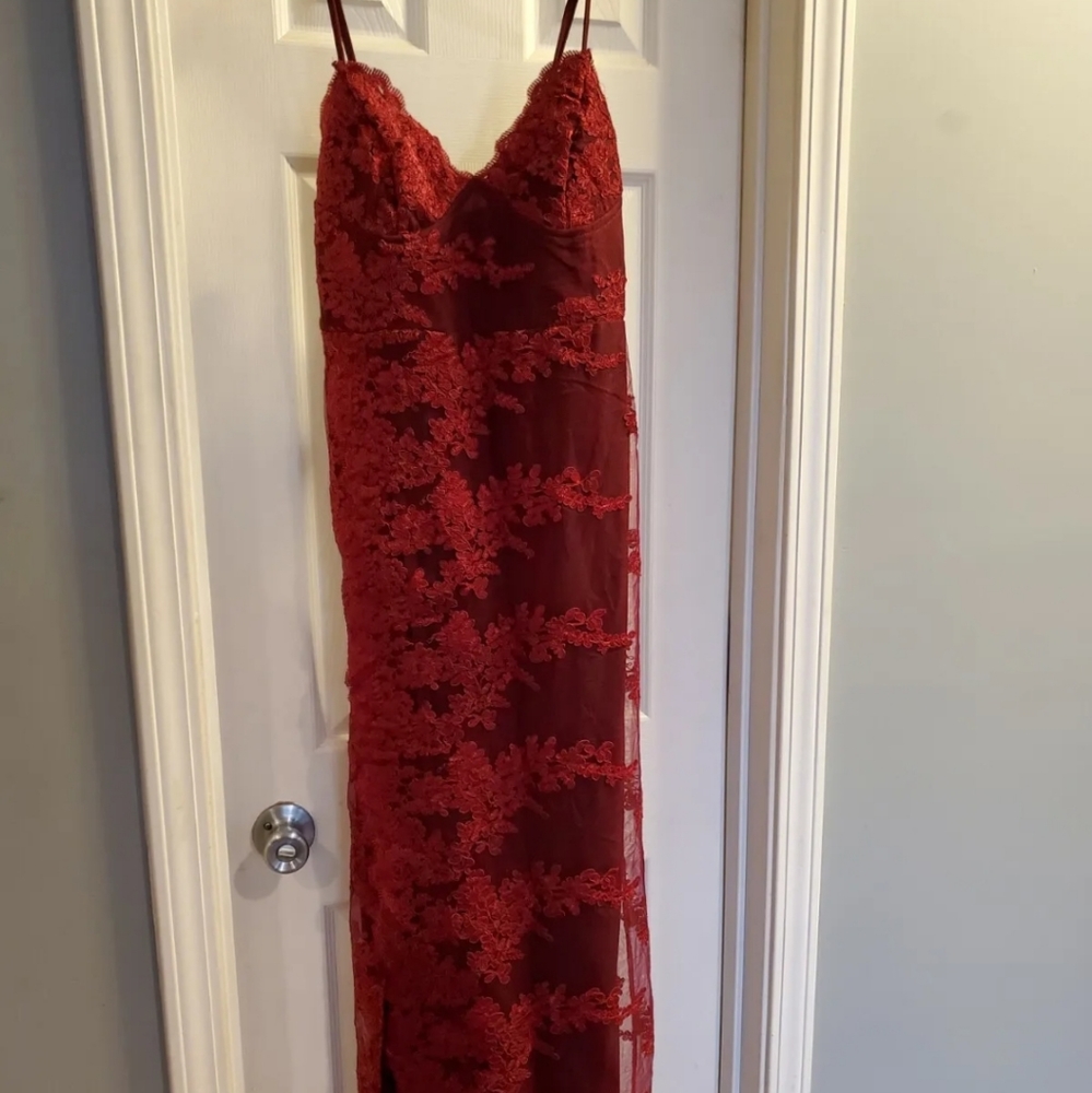 Banjul sz S, cranberry red maxi dress/gown w/ detailed embroidery. EUC